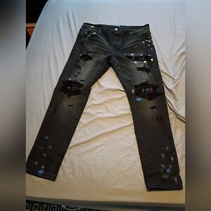 Distressed Black Jeans with Paint Splatter Amiri